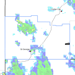 Dots indicate the area subject to the flood warning, 5:25 p.m., Southern Utah, July 6, 2015 | Photo courtesy of National Weather Service, St. George News | Click image to enlarge