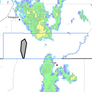 Dots indicate the area subject to the flood warning, 7:15 p.m., Southern Utah, July 6, 2015 | Photo courtesy of National Weather Service, St. George News | Click image to enlarge