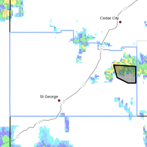 Dots indicate the area subject to the flood warning, 5:30 p.m., Southern Utah, July 5, 2015 | Photo courtesy of National Weather Service, St. George News | Click image to enlarge