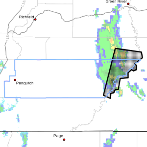 Dots indicate the area subject to the significant weather advisory, 6:55 p.m., Southern Utah, July 5, 2015 | Photo courtesy of National Weather Service, St. George News | Click image to enlarge