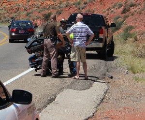 A motorcyclist had his bike damaged in a hit and run accident Thursday, Washington, Utah, August 13, 2015 | Photo by Ric Wayman, St. George News