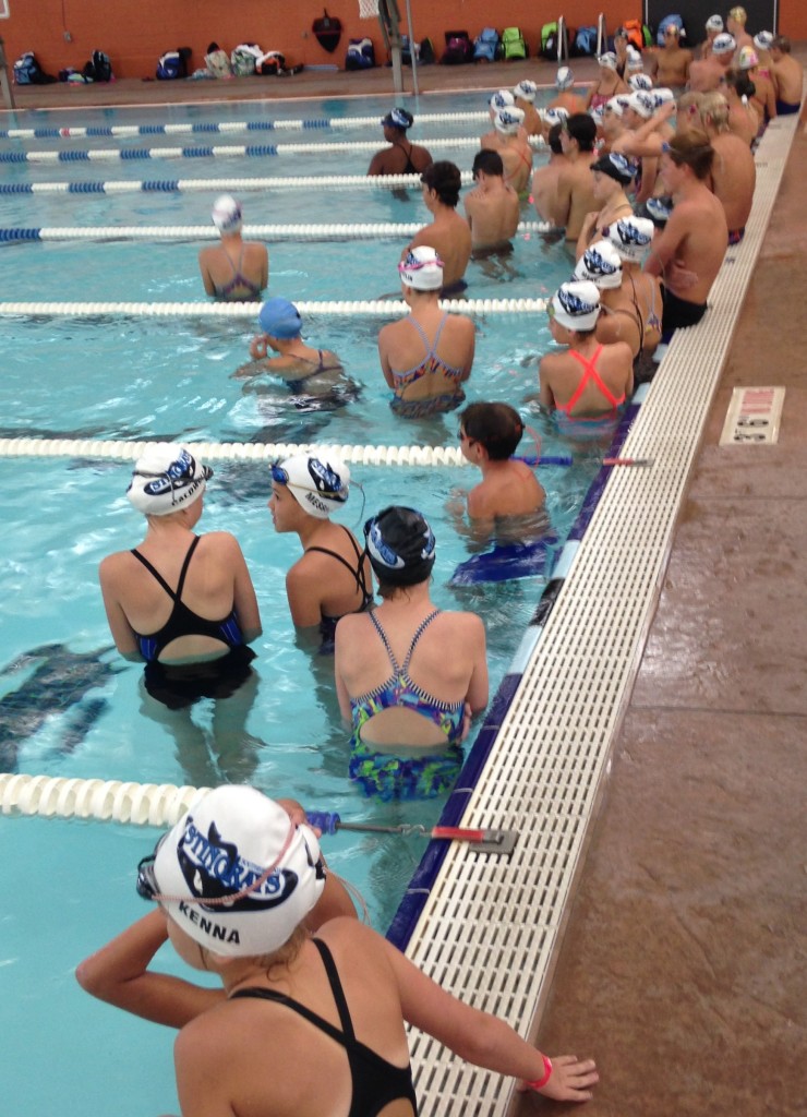 Swimmers gather to get instructions at the WCCC from Annie and Matt Grevers, Washington, Utah, Aug. 29, 2015 | Photo by Jordan Abel, St. George News