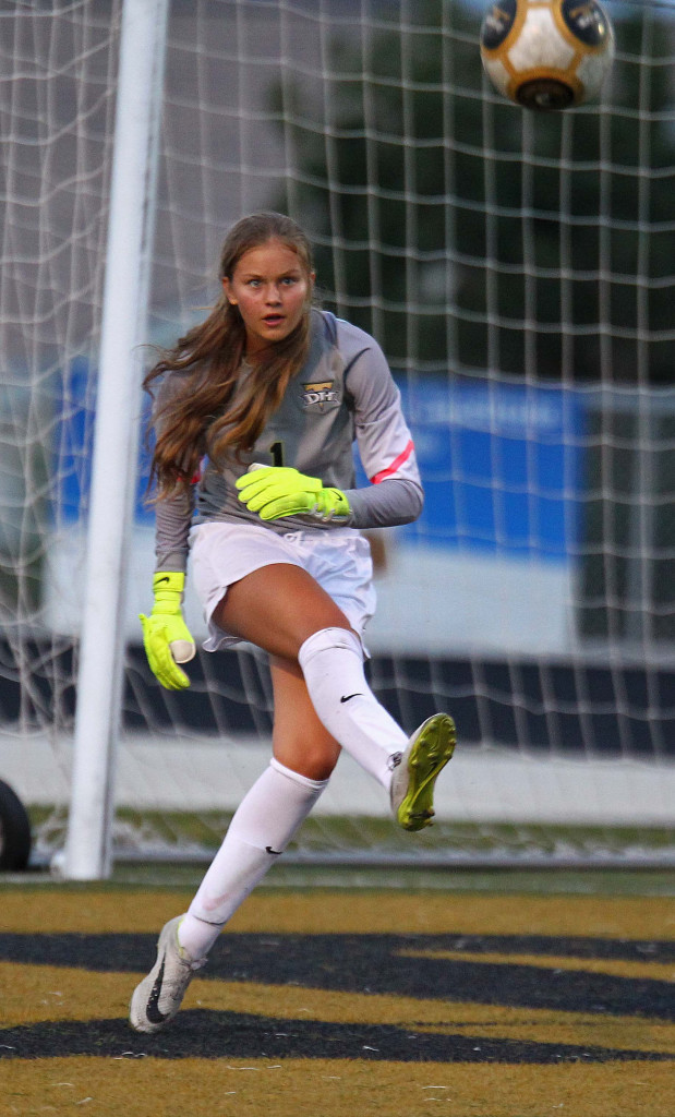 Thunder goalkeeper Brittney Moore launches a ball deep, Desert Hills vs. East, Girls Soccer, St. George, Utah, Aug. 13, 2015, | Photo by Robert Hoppie, ASPpix.com, St. George News