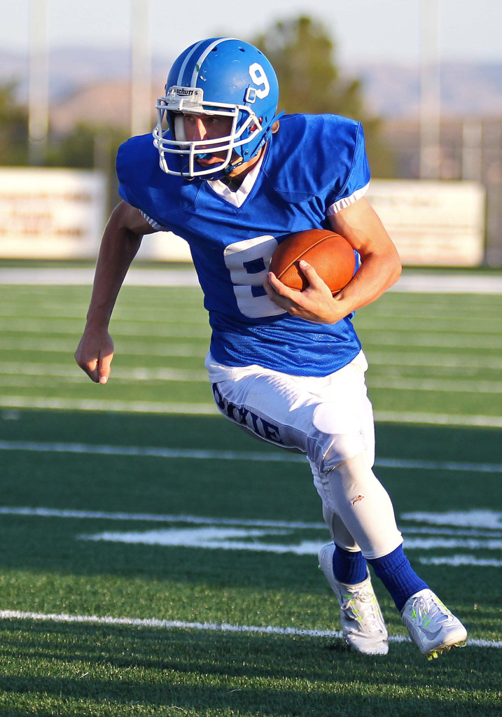 Hobbs Nyberg (9) finds some running room after making a catch, Dixie vs. Mohave Ariz. Football, St. George, Utah, Aug. 28, 2015, | Photo by Robert Hoppie, ASPpix.com, St. George News