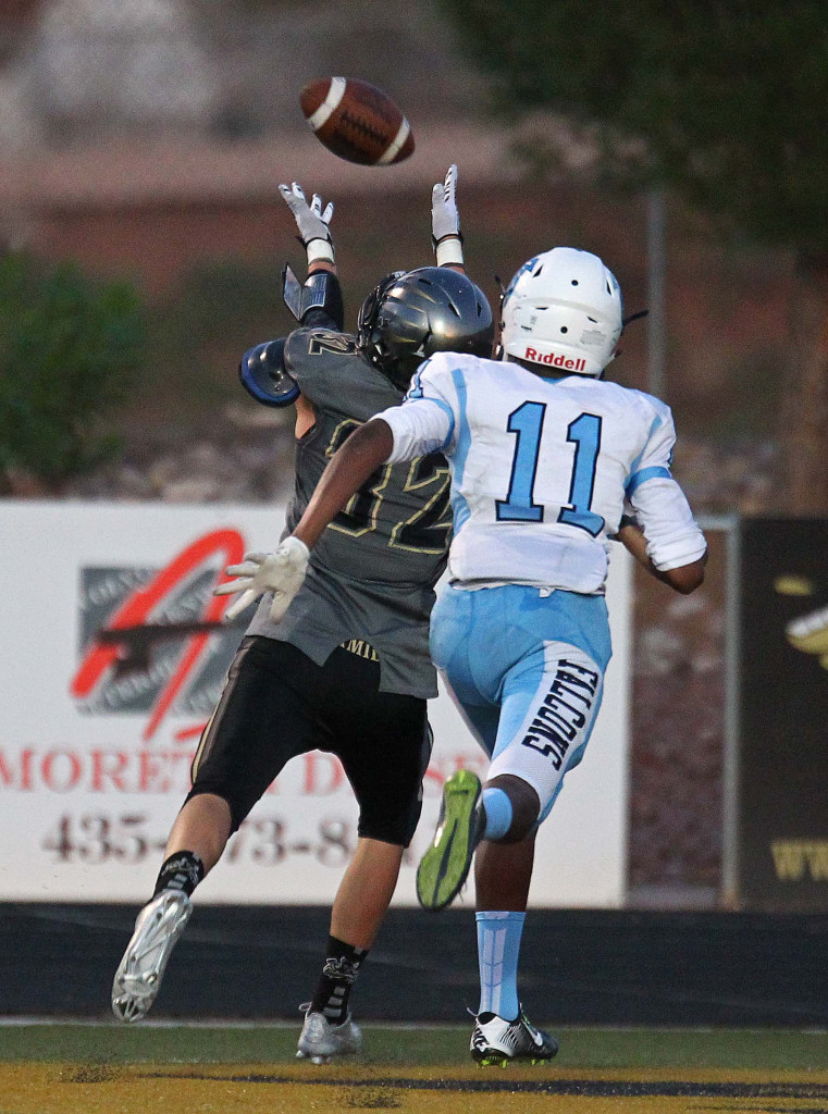 Zak Fuchs catches a deep pass for a touchdown, Desert Hills vs. Foothill Nev., Football, St. George, Utah, Aug. 28, 2015, | Photo by Robert Hoppie, ASPpix.com, St. George News