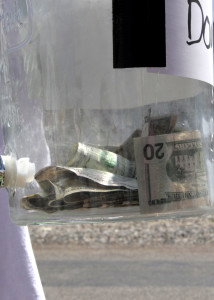 Donation jar, Mammoth Mobile Estates, Cedar City, Utah, August 28, 2015 | Photo by Carin Miller, St. George News