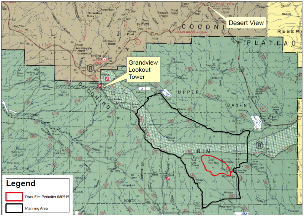 Map shows Rock Fire perimeter outlined in red, with management area outlined in black. Tusayan Ranger District of Kaibab National Forest , Arizona, Aug. 5, 2015 | Map courtesy of the U.S. Forest Service, Southwestern Region, Kaibab National Forest; St. George News