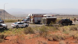 Investigators tend to the scene where a critically-injured man was found on the freeway, Washington City, Utah, Aug. 18, 2015 | Photo by Mori Kessler, St. George News