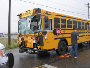 Scene of a collision between a school bus and a well service truck, Enoch, Utah, Aug. 26, 2015 | Photo courtesy of Utah Highway Patrol, St. George News