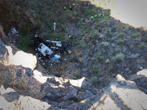 A man was found dead in a semitruck that went off a 200-foot cliff on state Route 59 near the Hurricane Hill Trailhead, Hurricane, Utah, Aug. 27, 2015 | Photo by Kimberly Scott, St. George News