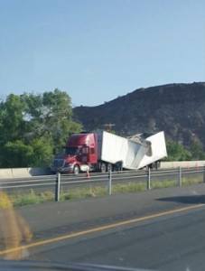 Buckled semitrailer on southbound I-15 near milepost 22, Leeds, Utah, Aug. 18, 2015 | Photo courtesy of Austin Prather, St. George News