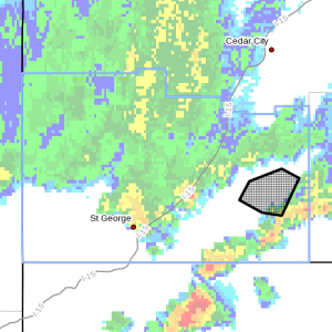 Dots denote affected areas at 7:20 p.m., Aug. 26, 2015 | Map courtesy of National Weather Service, St. George News | Click on image to enlarge