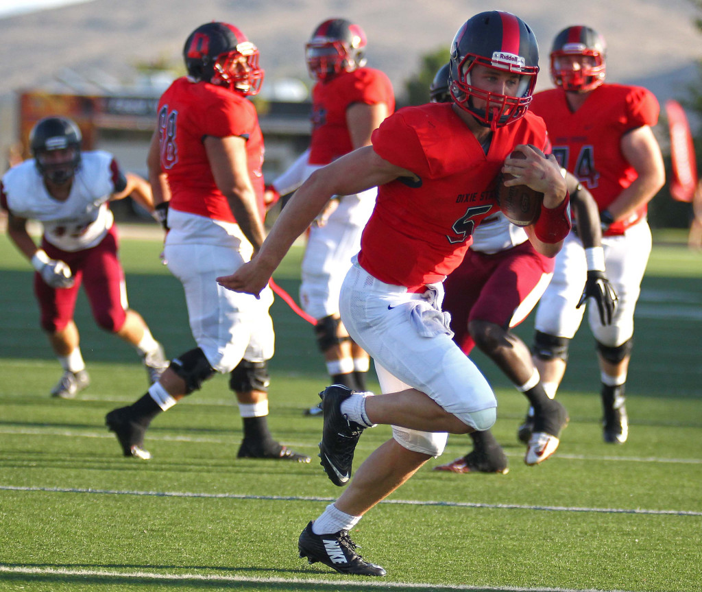 Dixie State quarterback Blake Barney (5) finds some open running room and scores a touchdown, Dixie State University vs. Central Washington University, St. George, Utah, Sept. 10, 2015, | Photo by Robert Hoppie, ASPpix.com, St. George News