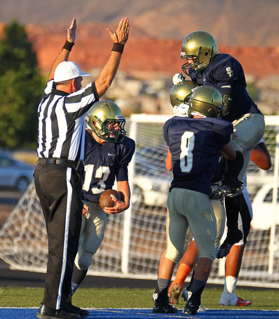 Dylan Parry (13) recovers a blocked punt in the endzone for a Warrior touchdown, Snow Canyon vs. Ogden, Football, St. George, Utah, Sept. 11, 2015, | Photo by Robert Hoppie, ASPpix.com, St. George News