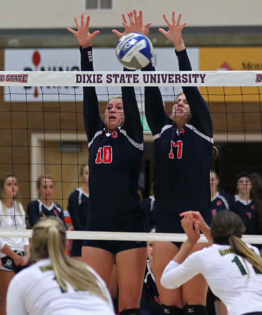 Brette Anderson (10) and Makenzi Bird-Murphey (17), Dixie State University vs. Concordia University, St. George, Utah, Sept. 28, 2015, | Photo by Robert Hoppie, ASPpix.com, St. George News