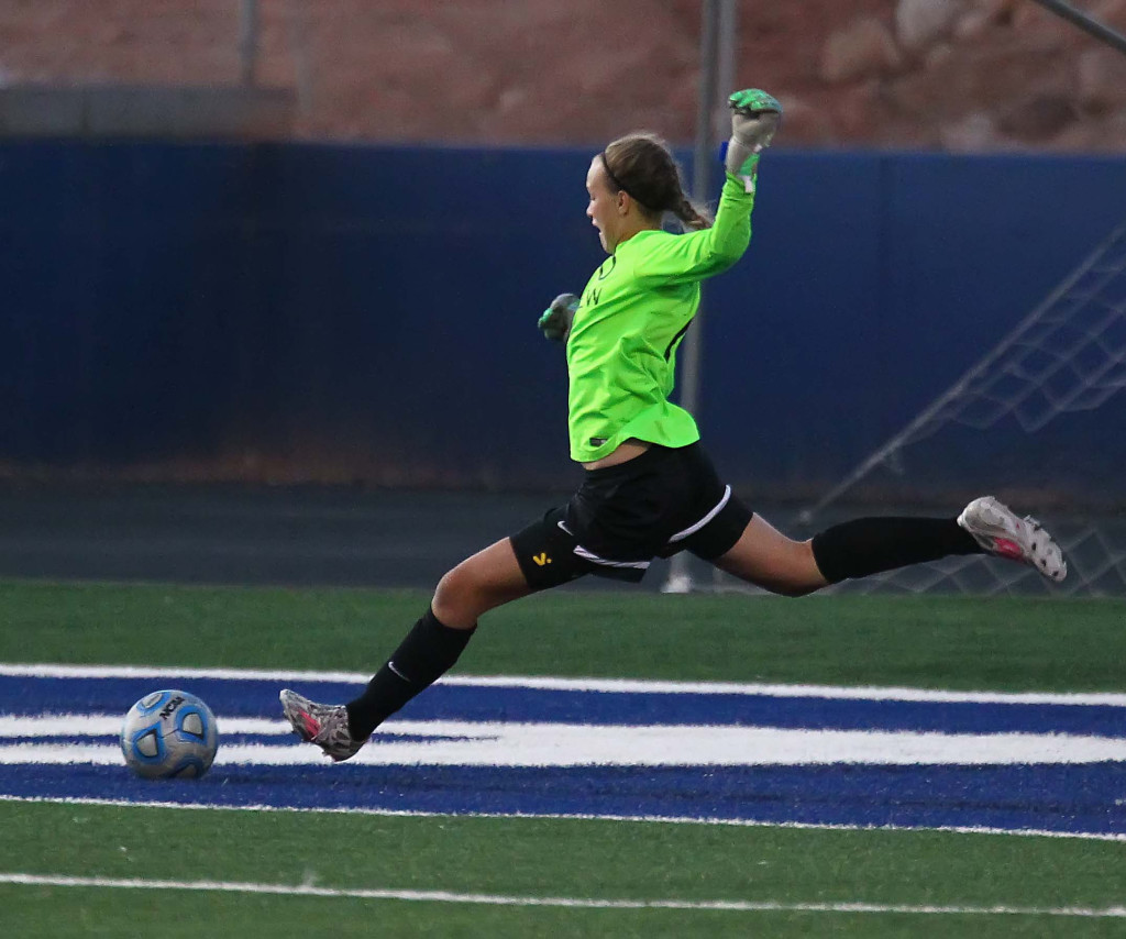 Pine View goalkeeper Alena Lorentzen, Dixie vs. Pine View, Girls Soccer, St. George, Utah, Sept. 17, 2015, | Photo by Robert Hoppie, ASPpix.com, St. George News