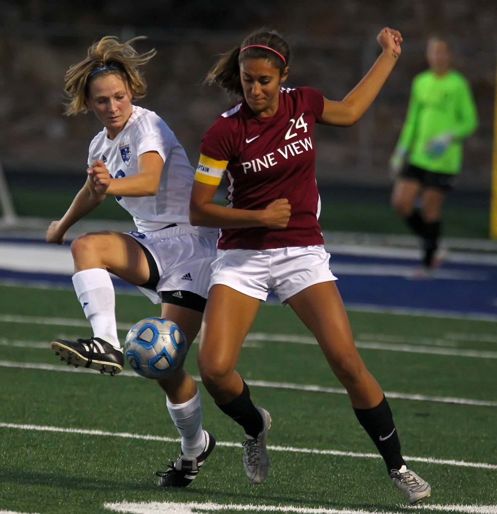 Dixie's Elizabeth Durrant (26) and Pine View's Tayvia Ah Quin (24) battle for the ball, Dixie vs. Pine View, Girls Soccer, St. George, Utah, Sept. 17, 2015, | Photo by Robert Hoppie, ASPpix.com, St. George News