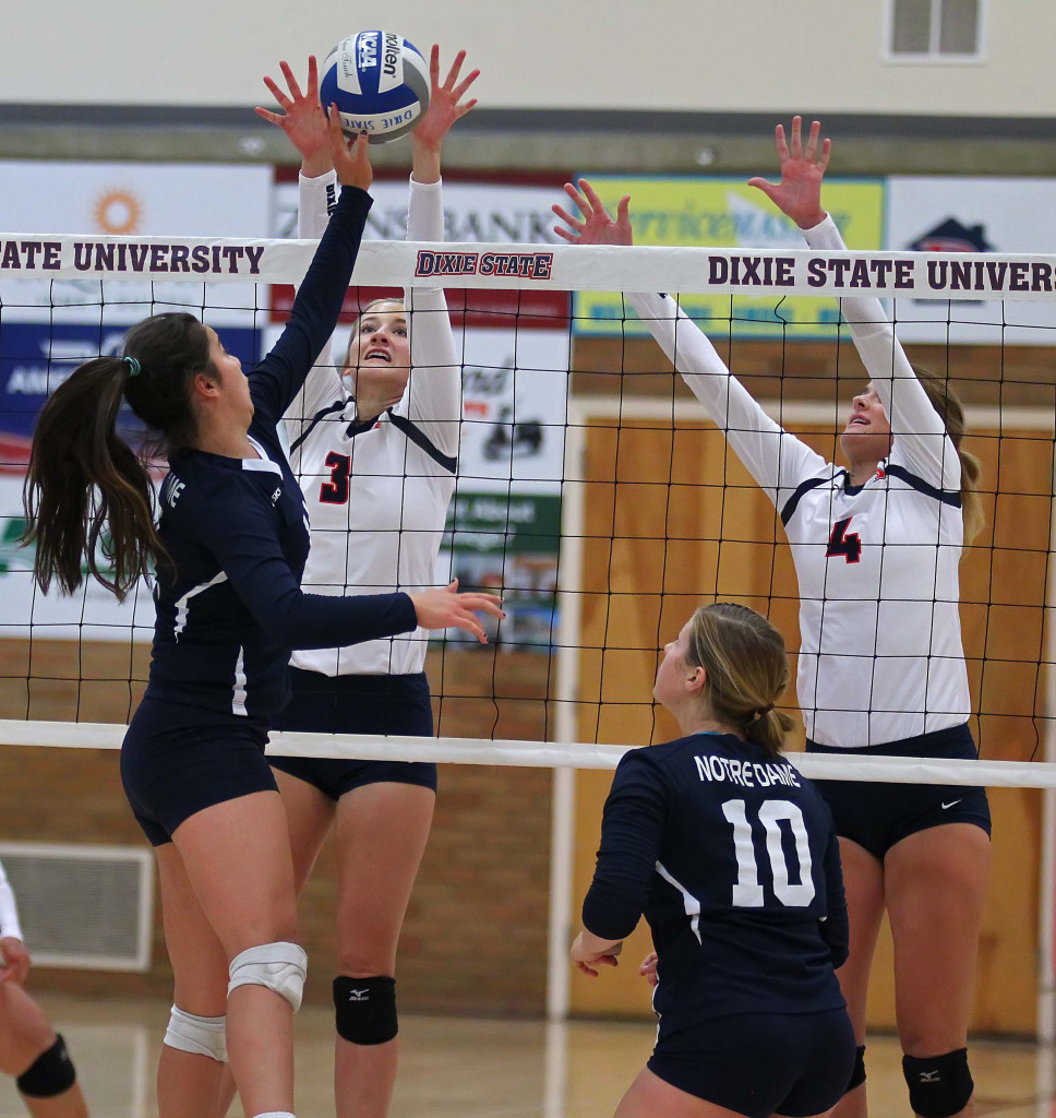 Dixie State's Lindsey Jones (3) and Taylor Duryea (4), Dixie State University vs. Notre Dame de Namur University, Volleyball, St. George, Utah, Sept. 23, 2015, | Photo by Robert Hoppie, ASPpix.com, St. George News