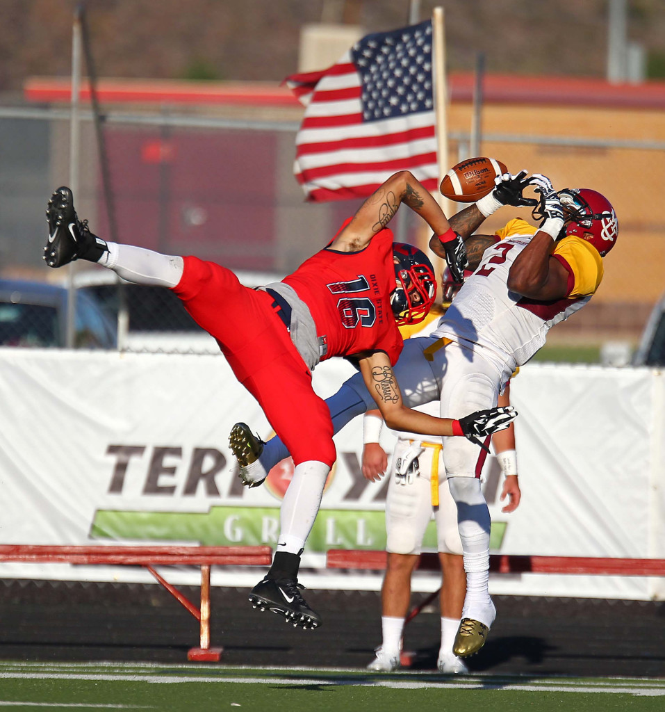 Dixie State defender Darchon Taggart (16) breaks up  a pass, Dixie State University vs. Colorado Mesa University, Football, St. George, Utah, Sept. 5, 2015, | Photo by Robert Hoppie, ASPpix.com, St. George News