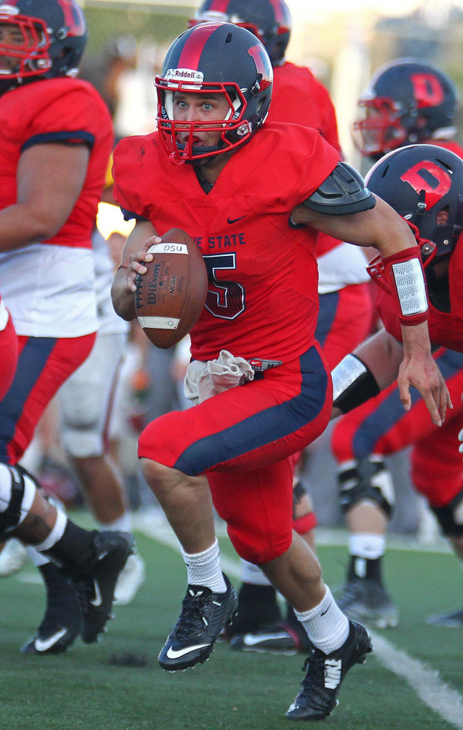 Former Dixie High quarterback Blake Barney (5) heads up field for some yardage for the Red Storm, Dixie State University vs. Colorado Mesa University, Football, St. George, Utah, Sept. 5, 2015, | Photo by Robert Hoppie, ASPpix.com, St. George News