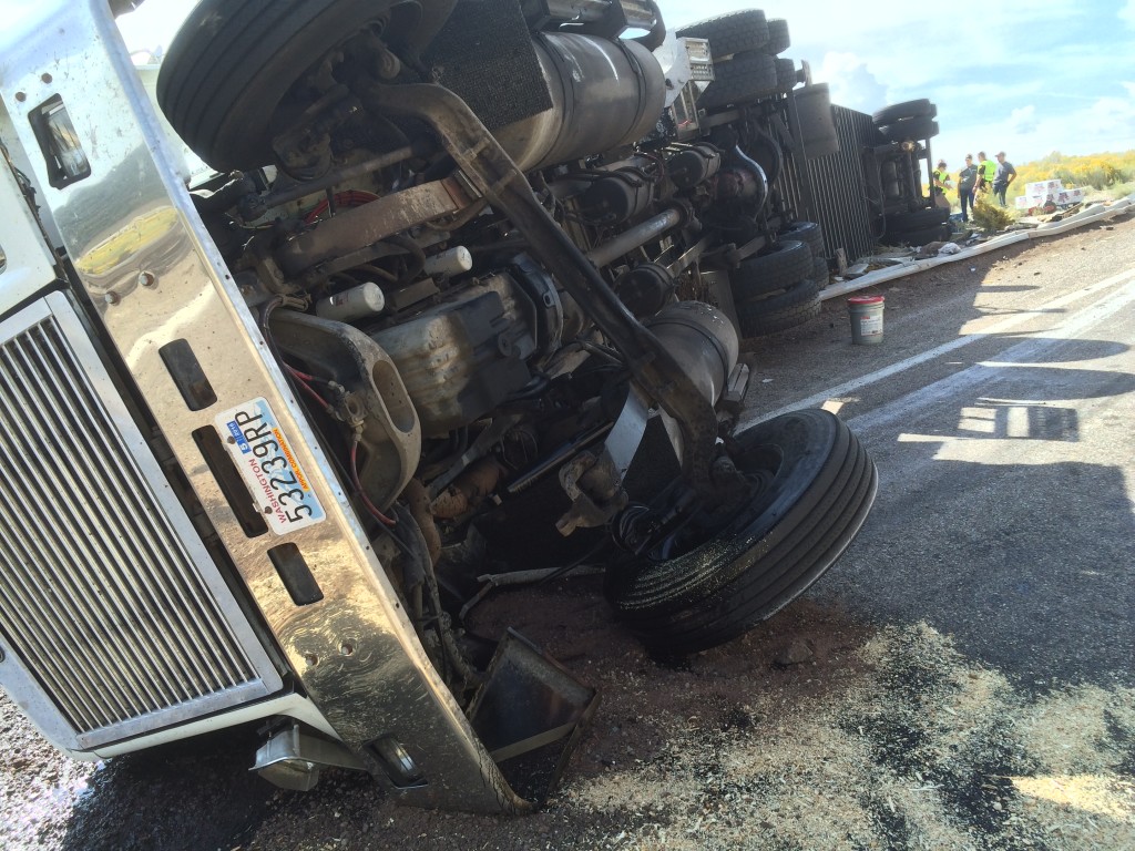 A semi-truck rolled after taking a sharp turn on SR-20, Garfield County, Sept. 13, 2015. | Photo by Emily Hammer, St. George News