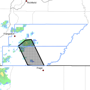 Dots indicate the area subject to flood warning, 3:15 p.m., Sept. 15, 2015, Kane County, Garfield County | Photo courtesy of the National Weather Service, St. George News | Click map to enlarge