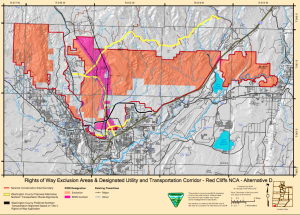 In Alternative D, the proposed BLM corridor is shown in pink, Washington County's preferred northern corridor route is shown in black, and the yellow lines denote other routes the county has studied | Image courtesy of BLM 