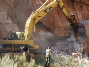 Heavy equipment being used to break apart large boulders from a rockfall on the Zion-Mount Carmel Highway that closed the east side of Zion National Park, Springdale, Utah, Sept. 24, 2015 | Photo courtesy of Zion National Park, St. George News