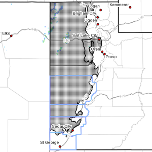 Dots indicate the area affected by a wind advisory and high wind watch, Utah, Sept. 3, 2015, 3 p.m. | Photo courtesy of the National Weather Service, St. George News