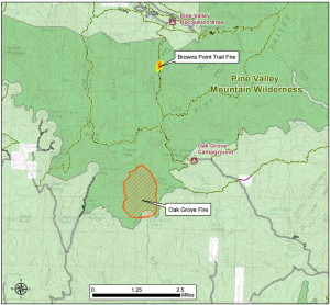 Map detailing the relative locations of the Oak Grove and Brown Trail fires | Click to enlarge | Image courtesy of the U.S. Forest Service, St. George News