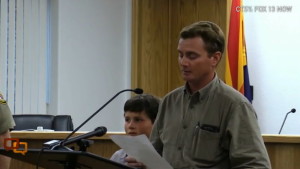 Joesph Jessop, husband of Noami and Josehine Jessop, addresses media. Jessop lost his wives and seven of his children to the flash flooding the hit Hildale Monday, Hildale, Utah, Sept. 16, 2015 | Photo courtesy of Fox13 News, St. George News