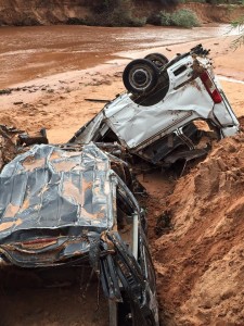 Remains of the two vehicles believed to have been involved in the fatal flooding incident on Short Creek that has left a number of people dead and others missing, Sept. 15, 2015 | Photo courtesy of Guy Timpson, St. George News