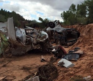 Remains of the two vehicles believed to have been involved in the fatal flooding incident on Short Creek that has left a number of people dead and others missing, Sept. 15, 2015 | Photo courtesy of Guy Timpson, St. George News