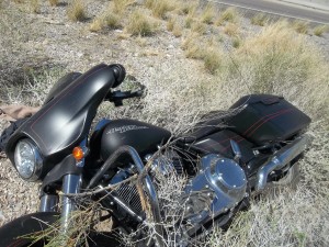Motorcycle involved in a crash on I-15 that claimed the life of 63-year-old Terry Schwartz, of Minnesota, Virgin River Gorge, Arizona, Sept. 25, 2015 | Photo courtesy of the Arizona Department of Public Safety, St. George News