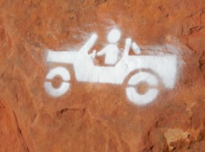 Small stenciled Jeep emblems are painted on slick rock portions of rock-crawling trails at the Sand Hollow OHV Area. Hurricane, Utah, Sept. 26, 2015 | Photo courtesy Desert RATS, exclusive to St. George News 