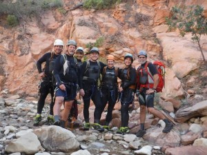 Self portrait of the group before the first rappel of Keyhole Canyon on Monday, Sept. 14, 2015. Pictured from left: Gary Favela, Don Teichner, Muku Reynolds, Steve Arthur, Linda Arthur, Robin Brum and Mark MacKenzie, Zion National Park, Utah, Sept. 14, 2015 | Photo courtesy of Zion National Park, St. George News