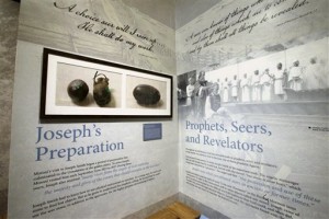 The Seer Stone and Pouch exhibit is shown during a tour of the Mormon Church History Museum, Tuesday, Sept. 29, 2015, in Salt Lake City. The Mormon church's renovated history museum set to reopen this week features a small and surprising display about an uncomfortable part of the faith's history that for generations has been glossed over: polygamy. | AP Photo by Rick Bowmer, St. George News