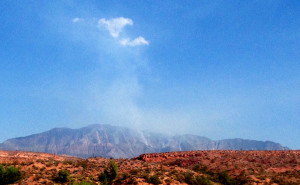 View of the Oak Grove Fire from afar off. Smoke from the fire appears to have dissipated somewhat as of the morning of Sept 10, Washington County, Utah, Sept. 10, 2015 | Photo courtesy of U.S. Forest Service, St. George News 