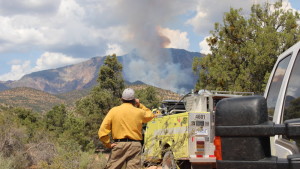 Washington County Fire Warden watches the smoke rise from the Oak Grove Fire in the Dixie National Forest, Washington County, Utah, Sept. 8, 2015 | Photo by Mori Kessler, St. George News