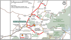 Map of Zion National Park highlighting alternate routes | Image courtesy of Zion National Park | Click to Enlarge