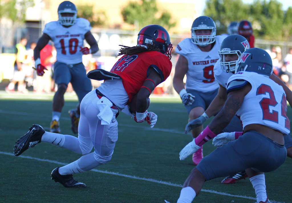 Dixie State receiver Damarrio Hammonds (13), Dixie State University vs. Western Oregon University, Football, St. George, Utah, Oct. 2, 2015, | Photo by Robert Hoppie, ASPpix.com, St. George News