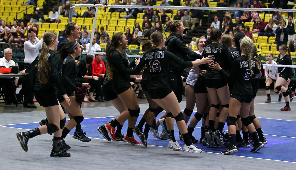 Pine View celebrates their victory over North Sanpete, 3A State Volleyball Tournament, Orem, Utah, Oct. 28, 2015, | Photo by Robert Hoppie, ASPpix.com, St. George News