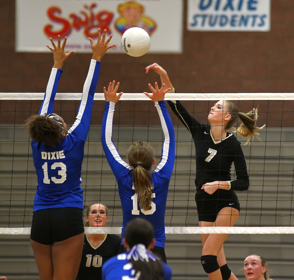 Rachel Winters (7) with a spike for Desert Hills, Dixie vs. Desert Hills, Volleyball, St. George, Utah, Oct. 6, 2015, | Photo by Robert Hoppie, ASPpix.com, St. George News