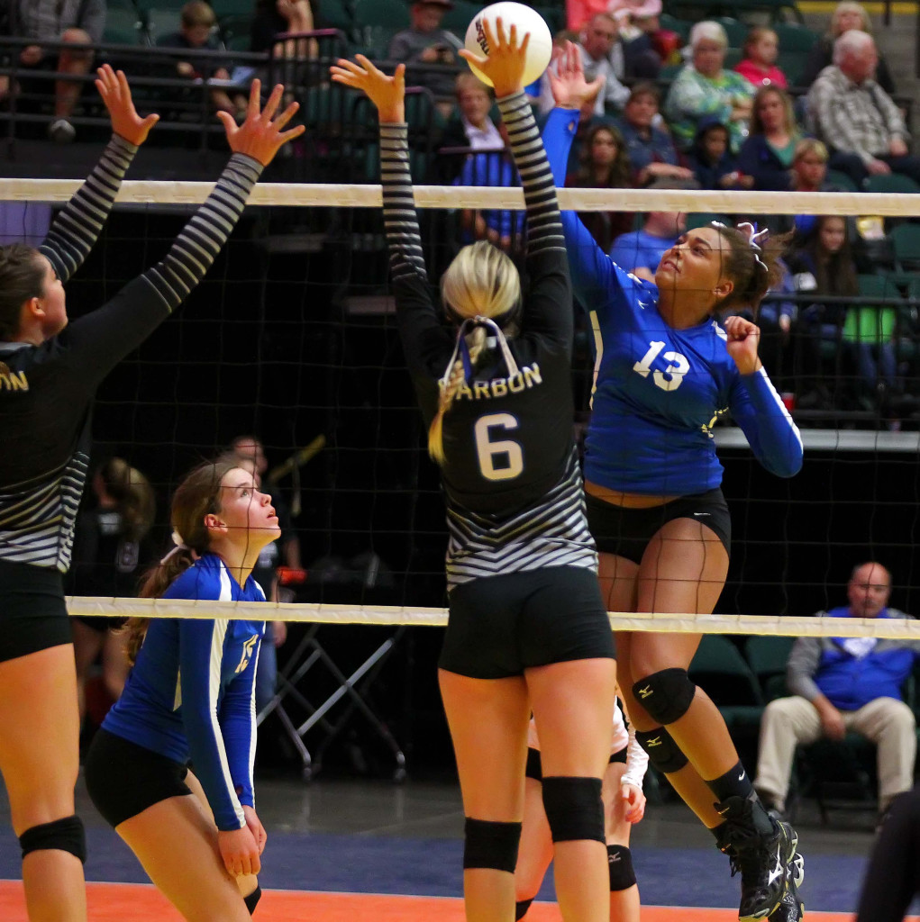 Dixie's DeAubrey Bowers (13), 3A State Volleyball Tournament, Orem, Utah, Oct. 28, 2015, | Photo by Robert Hoppie, ASPpix.com, St. George News