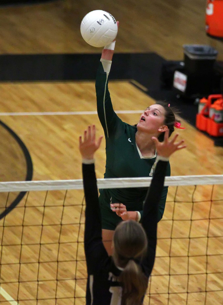 Alexsa "Crash" Parker hits for Snow Canyon, Desert Hills vs. Snow Canyon, Volleyball, St. George, Utah, Oct. 13, 2015, | Photo by Robert Hoppie, ASPpix.com, St. George News
