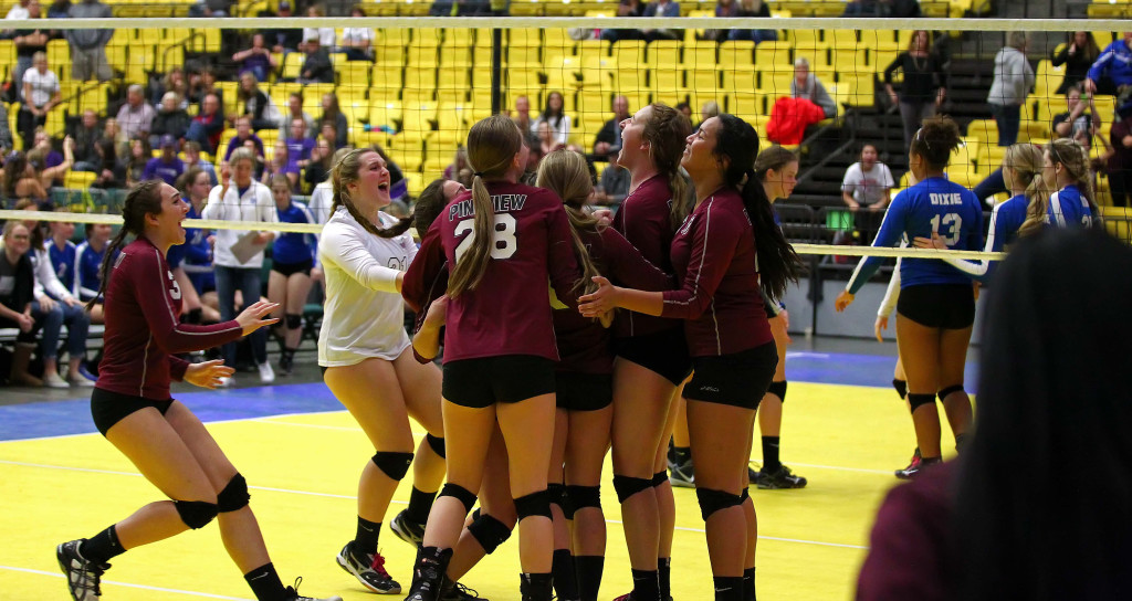 Pine View celebrates their 5 set epic victory over Dixie to win 5th place, 3A State Volleyball Tournament, Orem, Utah, Oct. 29, 2015, | Photo by Robert Hoppie, ASPpix.com, St. George News