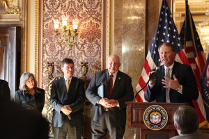  (left to right) Margaret Bird, former school children's trust director; Kevin Carter, former director SITLA; Rep. Mel Brown; and Dave Ure at podium, Salt Lake City, Utah, Oct. 22, 2015 | Photo courtesy of the offices of Gary. Herbert, St. George News