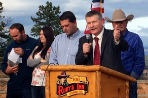 Garfield County Commissioners Leland Pollock, Dell LeFevre and David B. Tebbs take a moment to speak at the 2015 Utah Tourism Conference, Bryce Canyon National Park, Bryce, Utah, Oct. 7, 2015 | Photo by Carin Miller, St. George News