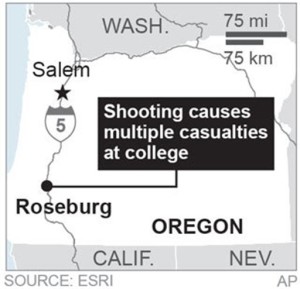 Map locates Roseburg, Oregon, where a shooting took place; 1c x 2 inches; with BC-US--Oregon School Shooting; ETA 4 p.m. ; 1c x 2 inches; 46.5 mm x 50 mm | Map courtesy of the Associated Press, St. George News