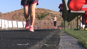 World Record Holder, 90-year-old Dottie Gray runs along the track during the 1,500 meter run event at the 2015 Huntsman Senior Games, St. George, Utah, Oct. 7, 2015 | Photo by Devan Chavez, St. George News